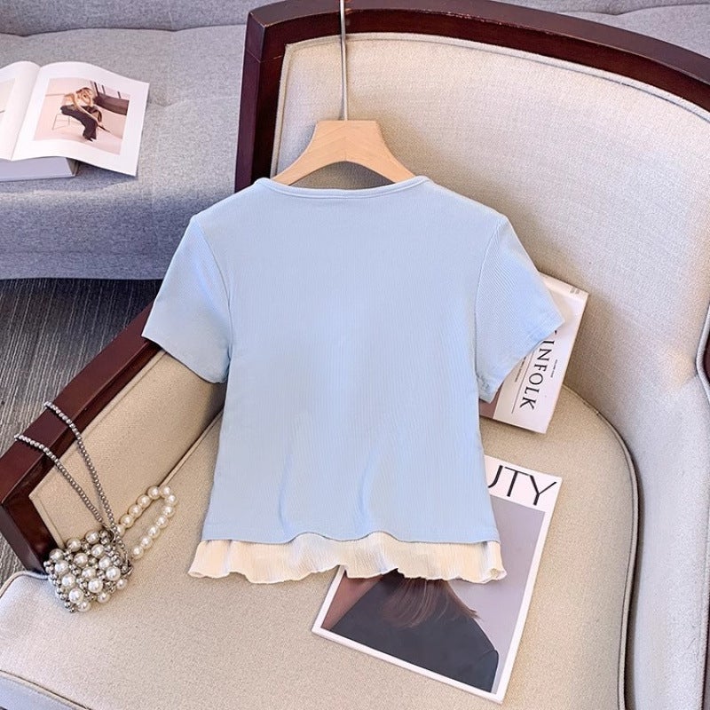 Recommended Popular Item~ Pure Desire Ballet Style Fake Two-Piece Short Sleeve T-Shirt For Women With Bow Design For Summer Girls - Image 4