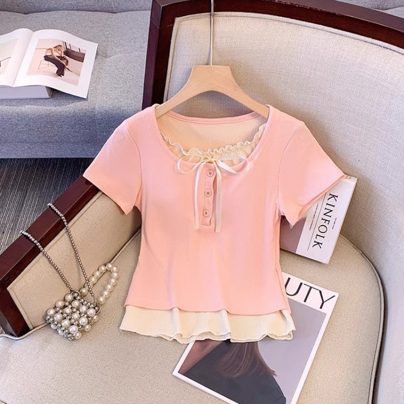 Recommended Popular Item~ Pure Desire Ballet Style Fake Two-Piece Short Sleeve T-Shirt For Women With Bow Design For Summer Girls - Image 5