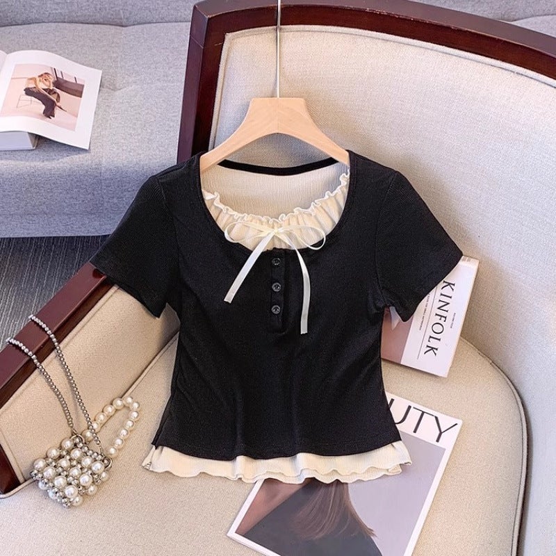 Recommended Popular Item~ Pure Desire Ballet Style Fake Two-Piece Short Sleeve T-Shirt For Women With Bow Design For Summer Girls - Image 1