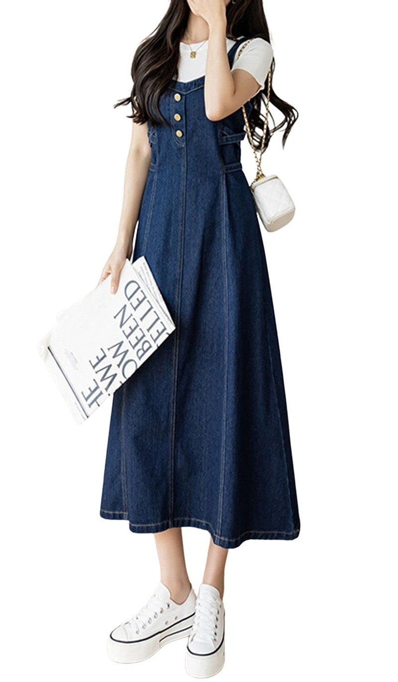 CHARTOU Women's Elegant Straps Back Smocked A-Line Long Skirt Denim Overall Pinafore Dress (Medium, Blue) - Image 1