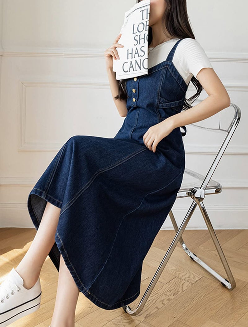 CHARTOU Women's Elegant Straps Back Smocked A-Line Long Skirt Denim Overall Pinafore Dress (Medium, Blue) - Image 2