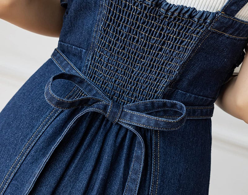 CHARTOU Women's Elegant Straps Back Smocked A-Line Long Skirt Denim Overall Pinafore Dress (Medium, Blue) - Image 5