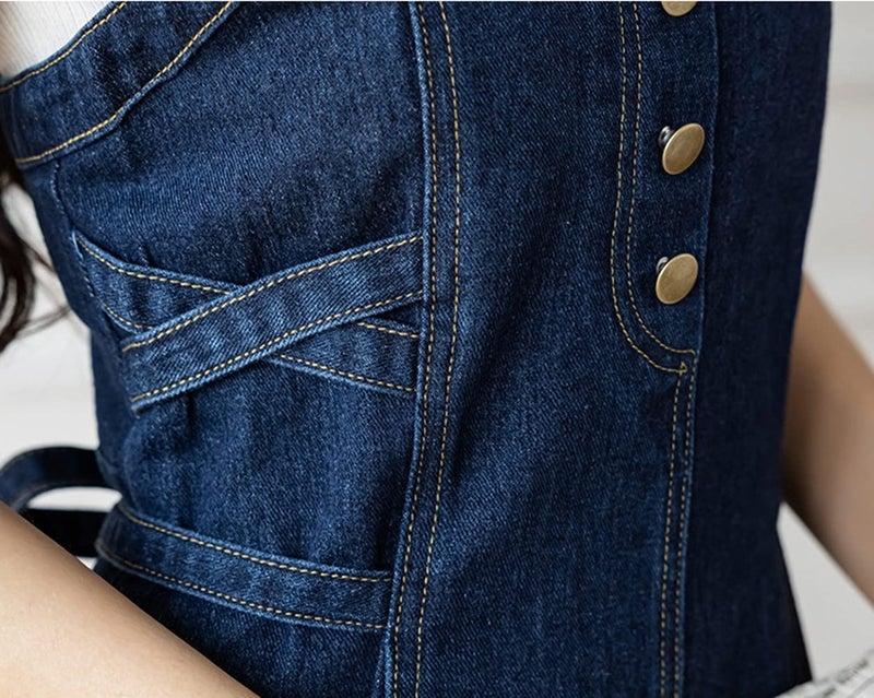 CHARTOU Women's Elegant Straps Back Smocked A-Line Long Skirt Denim Overall Pinafore Dress (Medium, Blue) - Image 4