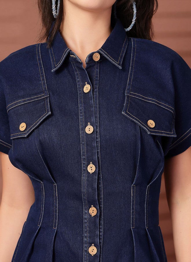 PlusS فستان قميص ميدي للنساء باللون الأزرق - Image 2