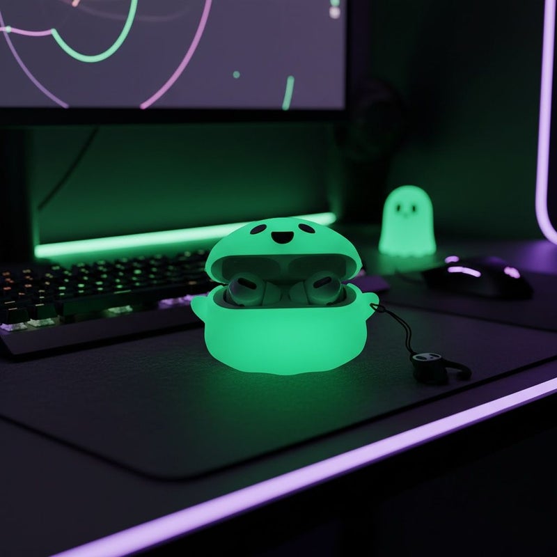غطاء شبحي ثلاثي الأبعاد من السيليكون المضيء لـ AirPods 1 و2 مع مشبك هدية - Image 1