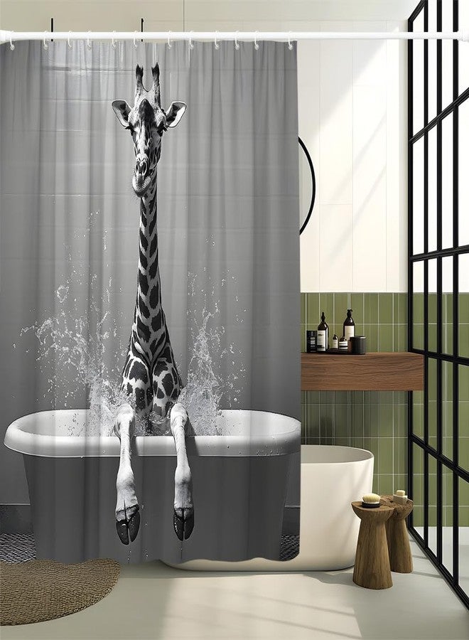 Funny Giraffe Shower Curtain The Cute Giraffe is Sitting in The Bathtub and Taking a Bath Farmhouse Animals Wildlife Vintage Gray Background Polyester Fabric Bathroom Decorative Curtain 70 x 70 inch - Image 3