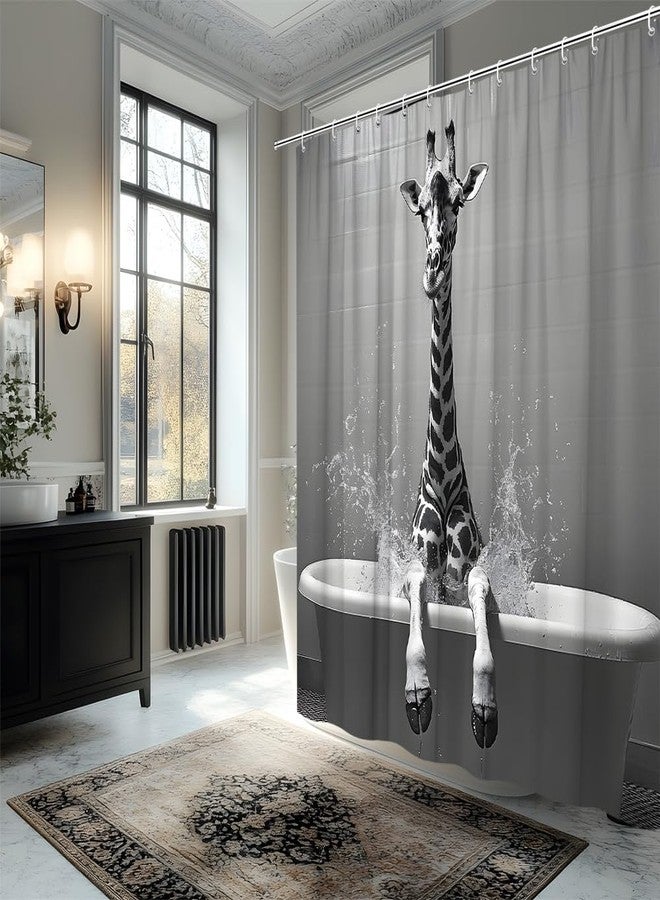 Funny Giraffe Shower Curtain The Cute Giraffe is Sitting in The Bathtub and Taking a Bath Farmhouse Animals Wildlife Vintage Gray Background Polyester Fabric Bathroom Decorative Curtain 70 x 70 inch - Image 4