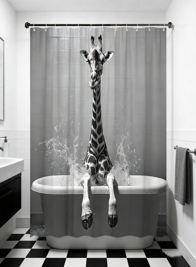 Funny Giraffe Shower Curtain The Cute Giraffe is Sitting in The Bathtub and Taking a Bath Farmhouse Animals Wildlife Vintage Gray Background Polyester Fabric Bathroom Decorative Curtain 70 x 70 inch - Image 1