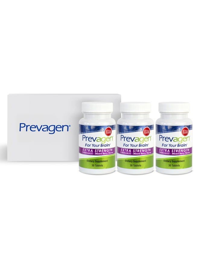 Prevagen أقراص مضغ مختلطة بنكهة التوت - 90 حبة (عبوة 3 تحتوي على 30 قرص) | أقراص Prevagen الإضافية القوية هي مكمل مصمم لدماغك مع 20 ملغ من Apoaequorin بالإضافة إلى فيتامين D3 - Image 1