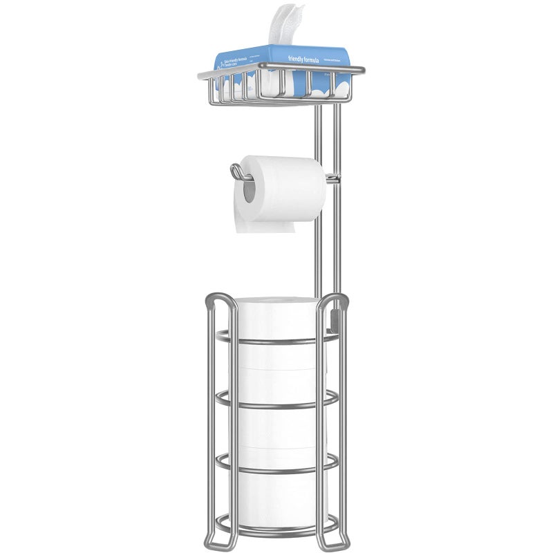 TomCare Toilet Paper Holder Upgraded Toilet Paper Stand with Raised Feet Metal Bathroom Accessories Tissue Paper Dispenser Free Standing Toilet Paper Roll with Storage Shelf Bathroom Storage Organizer - Image 1