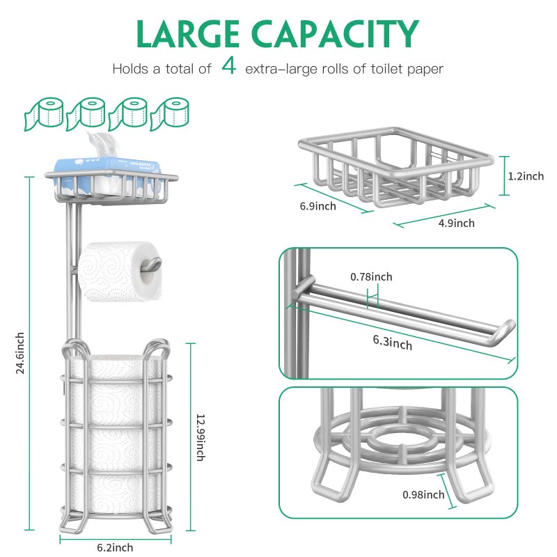 TomCare Toilet Paper Holder Upgraded Toilet Paper Stand with Raised Feet Metal Bathroom Accessories Tissue Paper Dispenser Free Standing Toilet Paper Roll with Storage Shelf Bathroom Storage Organizer - Image 2