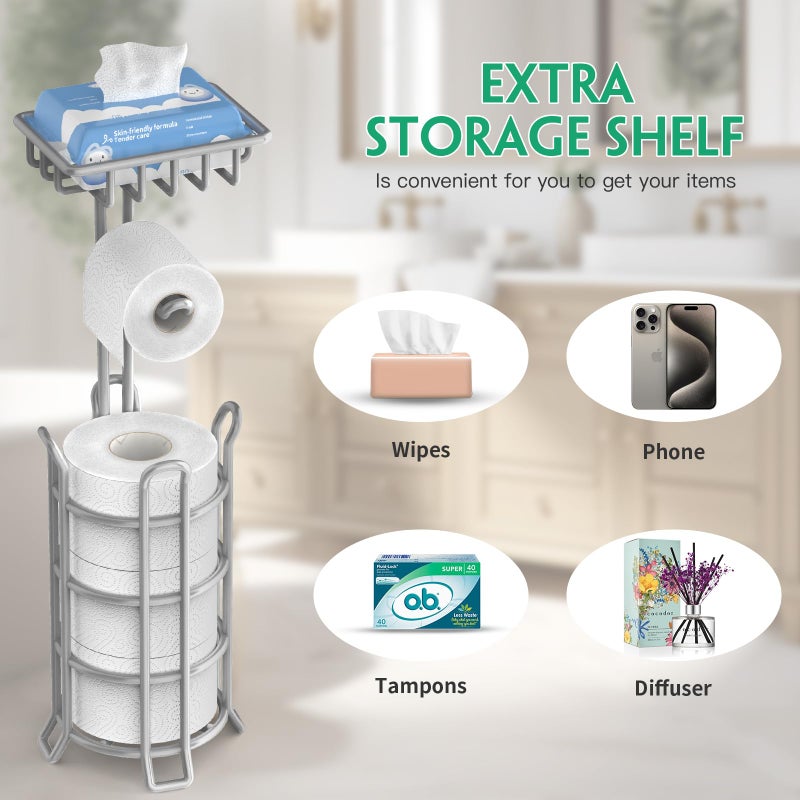 TomCare Toilet Paper Holder Upgraded Toilet Paper Stand with Raised Feet Metal Bathroom Accessories Tissue Paper Dispenser Free Standing Toilet Paper Roll with Storage Shelf Bathroom Storage Organizer - Image 5