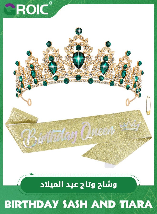 GROIC تاج عيد ميلاد أخضر وشريط ملكة عيد الميلاد، تاج عيد الميلاد كريستالي لتزيين حفلات عيد الميلاد، رباط رأس مرصع بالأحجار الكريمة، ملحقات عيد ميلاد سعيدة لحفلات هدايا عيد الميلاد للنساء - Image 1