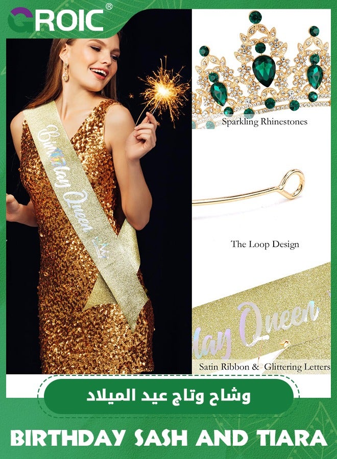 GROIC تاج عيد ميلاد أخضر وشريط ملكة عيد الميلاد، تاج عيد الميلاد كريستالي لتزيين حفلات عيد الميلاد، رباط رأس مرصع بالأحجار الكريمة، ملحقات عيد ميلاد سعيدة لحفلات هدايا عيد الميلاد للنساء - Image 4