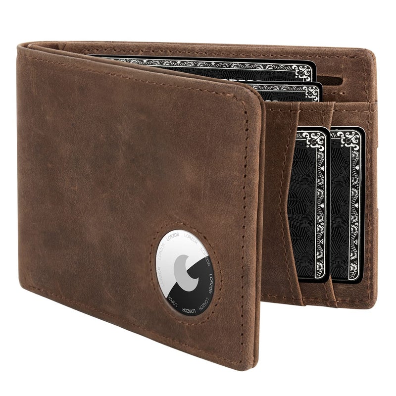 LORZOR AirTag Leather Wallet for Men, Bifold Full Grain Leather Minimalist Front Pocket RFID Blocking AirTag Mens Wallet with ID Window, Gift for Men, up to 12 Cards - Image 1