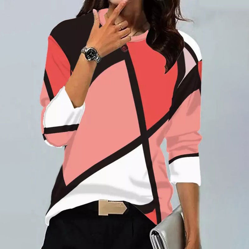 European and American Cross-Border Women's New Shirts Supports Retro Geometric Print Round Neck Long-Sleeved T-Shirts for Various Platforms - Image 3