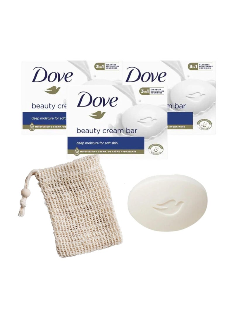 دوف مجموعة صابون دوف المرطب وحقيبة السيزال من روز كرييشنز مع 3 قطع من صابون دوف الكريمي 90 جم، وحقيبة واحدة لحفظ صابون السيزال المقشر الطبيعي