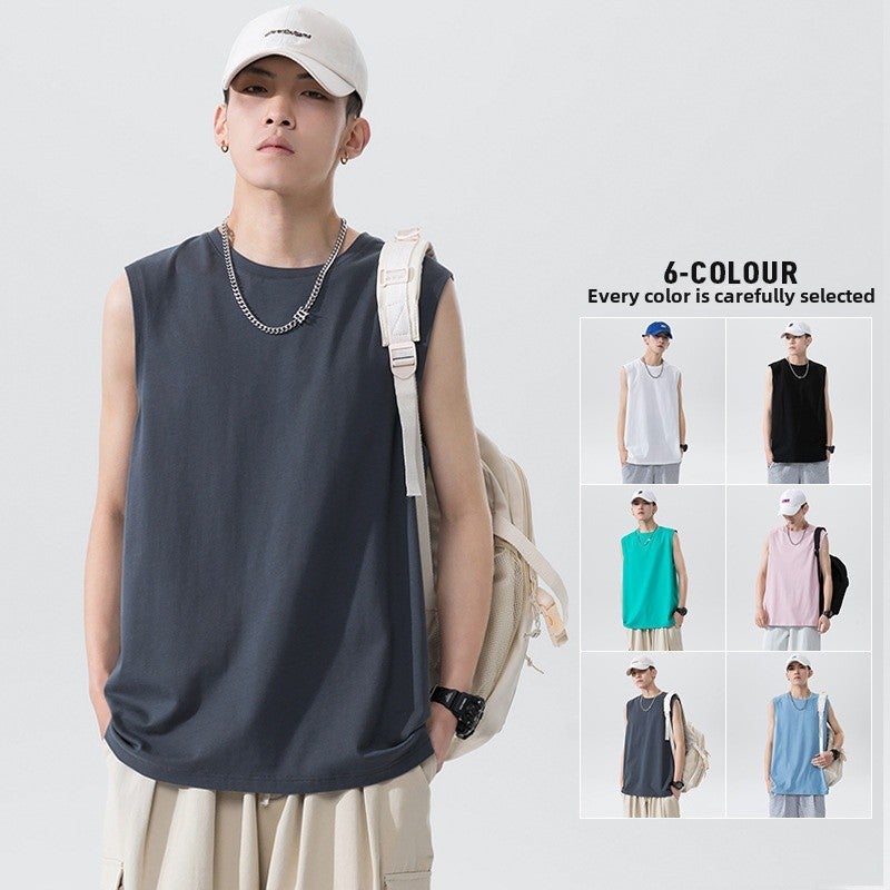 Pure Cotton Short-sleeved Vest Mens Summer Loose Simple All-match Solid Color Sleeveless Half-sleeved Hong Kong-style Multi-color Bottoming Basketball Dark gray  - Image 4