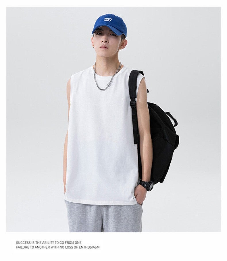 Pure Cotton Short-sleeved Vest Mens Summer Loose Simple All-match Solid Color Sleeveless Half-sleeved Hong Kong-style Multi-color Bottoming Basketball Dark gray  - Image 2
