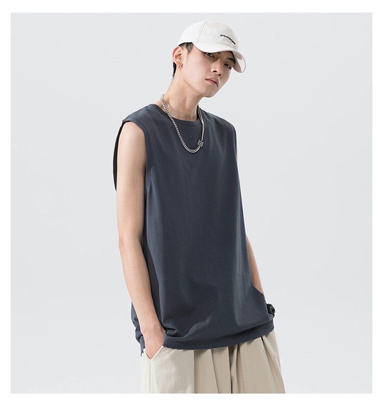 Pure Cotton Short-sleeved Vest Mens Summer Loose Simple All-match Solid Color Sleeveless Half-sleeved Hong Kong-style Multi-color Bottoming Basketball Dark gray  - Image 1
