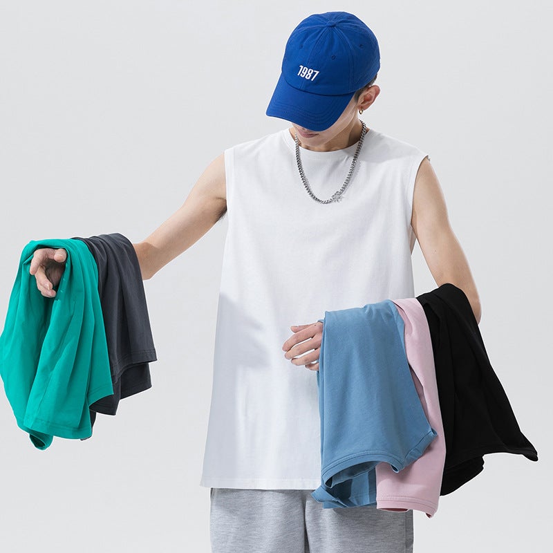 Pure Cotton Short-sleeved Vest Mens Summer Loose Simple All-match Solid Color Sleeveless Half-sleeved Hong Kong-style Multi-color Bottoming Basketball Dark gray  - Image 5