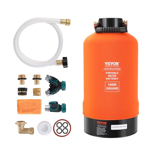VEVOR RV Water Softener, 16,000 Grain Portable Water Softener, with 3/4" Brass Fittings and 42" Hose, Soften Hard Water Filter System for RVs, Trailers, Boats, Mobile Car Washing, Pressure Washing - Image 1