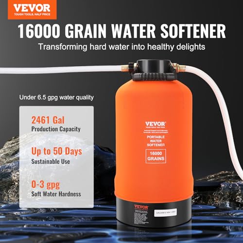 VEVOR RV Water Softener, 16,000 Grain Portable Water Softener, with 3/4" Brass Fittings and 42" Hose, Soften Hard Water Filter System for RVs, Trailers, Boats, Mobile Car Washing, Pressure Washing - Image 2