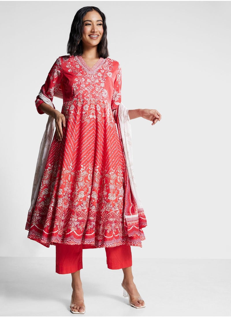 Biba - V-Neck Printed Kurti Set - Image 1