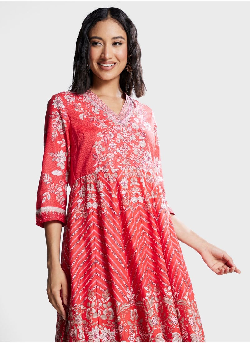 Biba - V-Neck Printed Kurti Set - Image 1