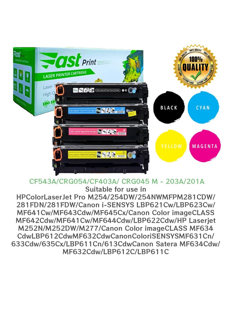 Fast Print 4-Piece 203A/201A Compatible Toner Cartridge Set - CF542A/CRG054/CF402A/ CRG045 - Image 1