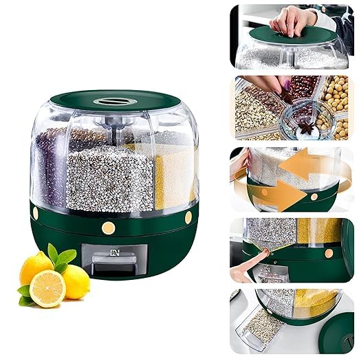 Matiko Rice Dispenser, Rotating Dry Food Dispenser PP Plastic Kitchen Grain Storage Container with 6 Compartments Holder for Rice and Beans (Round Small - GREEN Rice Dispenser) - Image 2