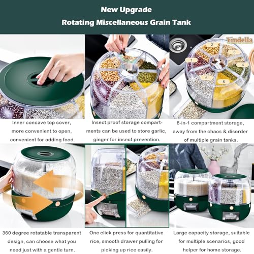 Matiko Rice Dispenser, Rotating Dry Food Dispenser PP Plastic Kitchen Grain Storage Container with 6 Compartments Holder for Rice and Beans (Round Small - GREEN Rice Dispenser) - Image 5