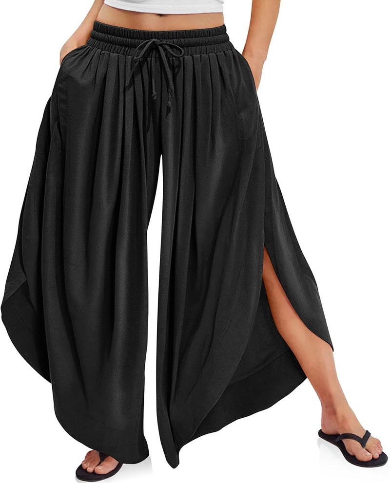 TARSE Womenâ€™s Linen Wide Leg Split Skirt Pants Summer Boho Flowy Palazzo with Elastic Waist Drawstring 2025 Beach Vacation Pants Black, L - Image 1