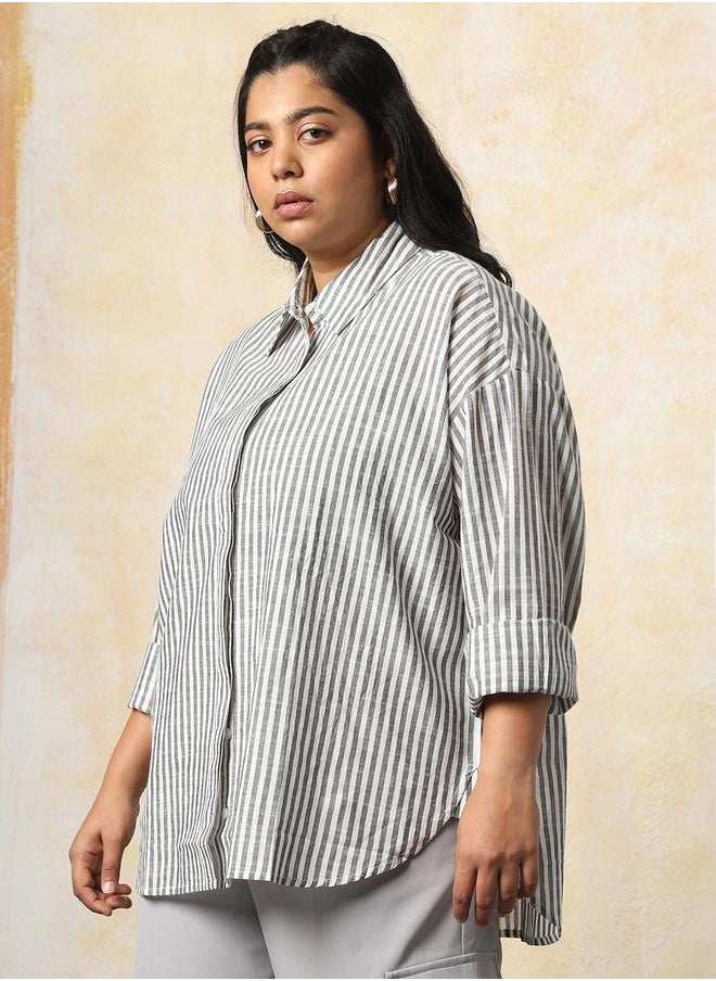 HIGH STAR - Women Oversized Fit Opaque Casual Cotton Striped Shirt - Image 1
