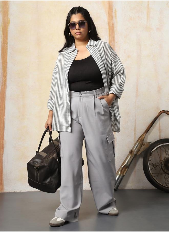 HIGH STAR - Women Oversized Fit Opaque Casual Cotton Striped Shirt - Image 1