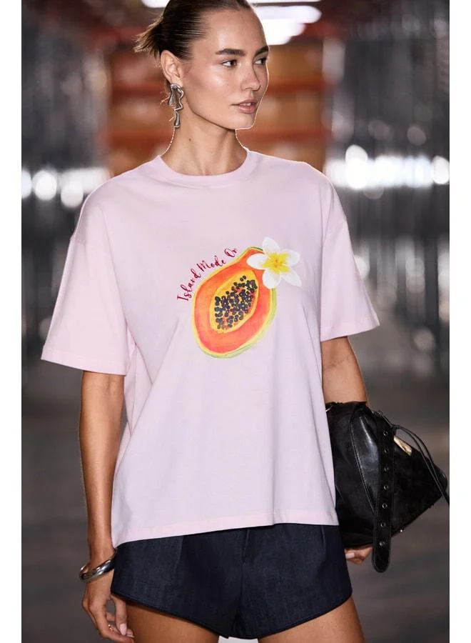 Grimelange CASSIANE Women's Bike Neck Short Sleeve Front and Back Printed Regular Pink T-Shirt.