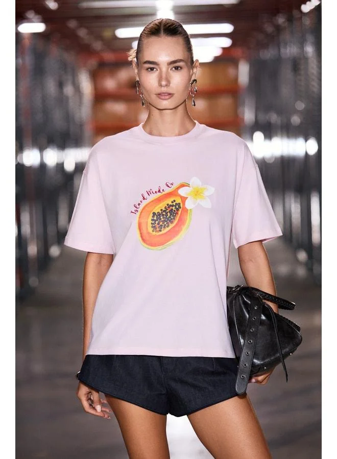 Grimelange CASSIANE Women's Bike Neck Short Sleeve Front and Back Printed Regular Pink T-Shirt.