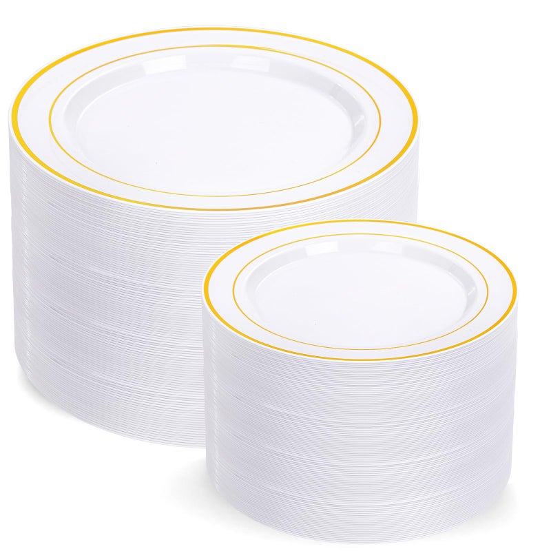 I00000 200 Pcs Gold Plastic Plates - Disposable Party Plates Include 100 Dinner Plate and 100 Elegant Dessert Plate Perfect for Party, Holiday, Wedding & Birthday - Image 1