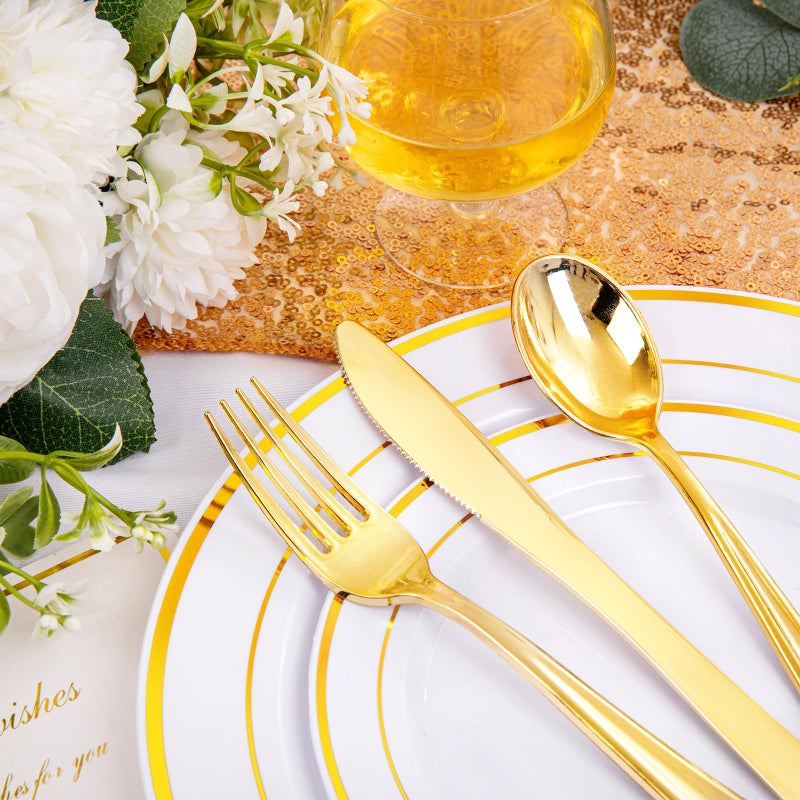 I00000 200 Pcs Gold Plastic Plates - Disposable Party Plates Include 100 Dinner Plate and 100 Elegant Dessert Plate Perfect for Party, Holiday, Wedding & Birthday - Image 2