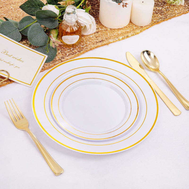 I00000 200 Pcs Gold Plastic Plates - Disposable Party Plates Include 100 Dinner Plate and 100 Elegant Dessert Plate Perfect for Party, Holiday, Wedding & Birthday - Image 5