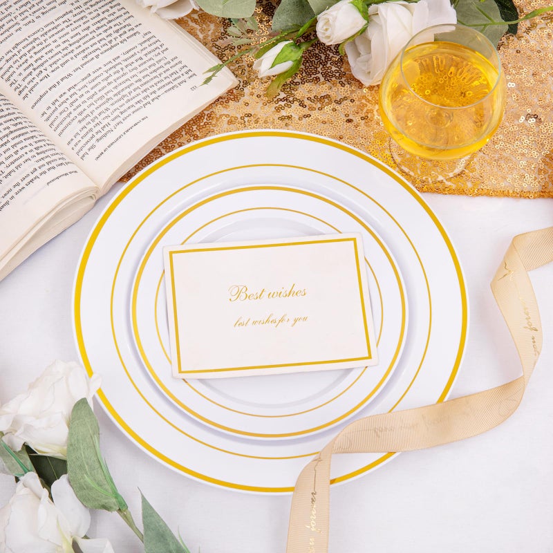 I00000 200 Pcs Gold Plastic Plates - Disposable Party Plates Include 100 Dinner Plate and 100 Elegant Dessert Plate Perfect for Party, Holiday, Wedding & Birthday - Image 3