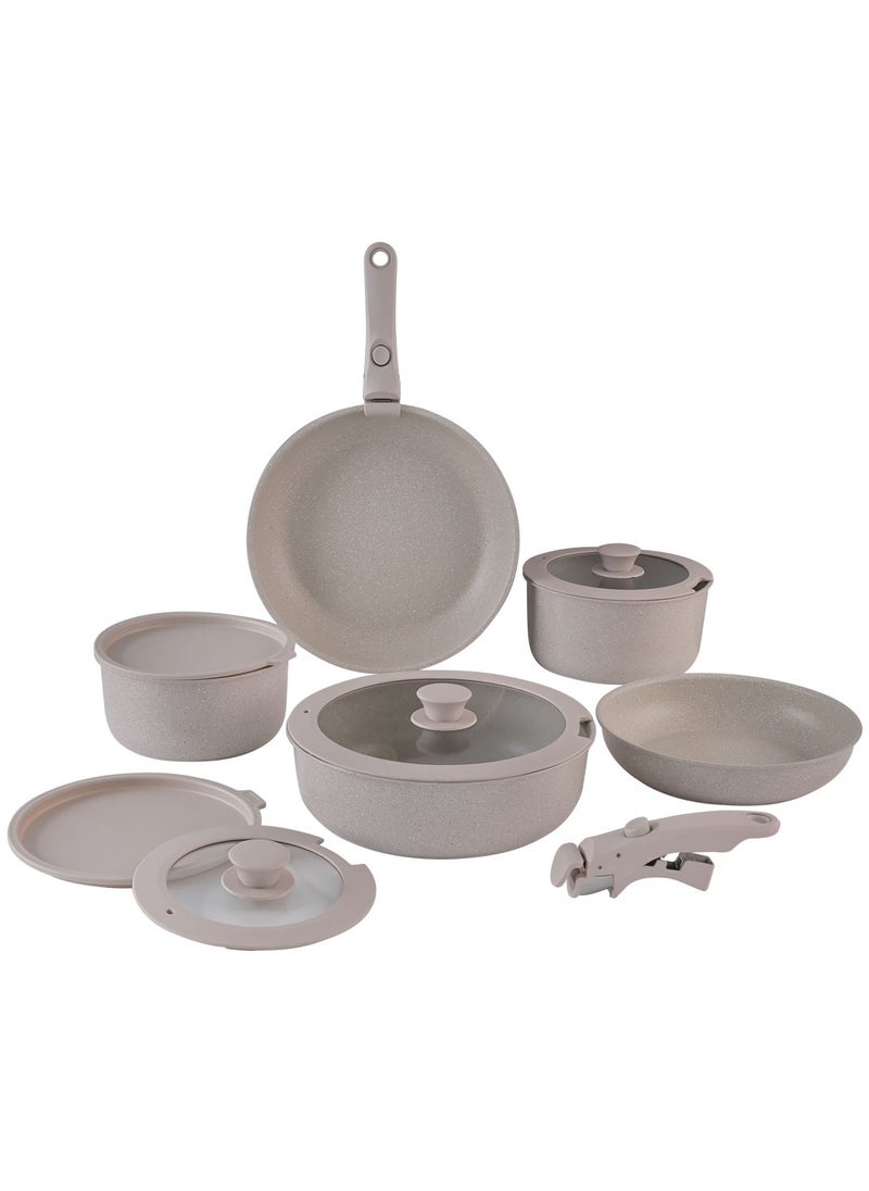 ايست من نون 12 Piece Detachable Granite Cookware Set, Non-Stick, 1x24cm Frypan, 1x28cm Frypan, 1x18cm Saucepan with Tempered Glass Lid, 1x20cm Saucepan with Tempered Glass Lid, 1x26cm Saute Pan with Tempered Glass Lid, 1x18cm Fridge Lid, 1x20cm Fridge Lid, 2 handles - Beige  - Image 1
