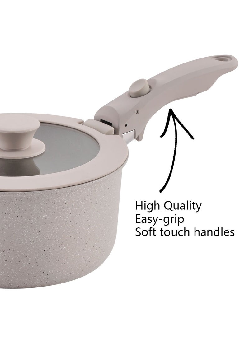 ايست من نون 12 Piece Detachable Granite Cookware Set, Non-Stick, 1x24cm Frypan, 1x28cm Frypan, 1x18cm Saucepan with Tempered Glass Lid, 1x20cm Saucepan with Tempered Glass Lid, 1x26cm Saute Pan with Tempered Glass Lid, 1x18cm Fridge Lid, 1x20cm Fridge Lid, 2 handles - Beige  - Image 3