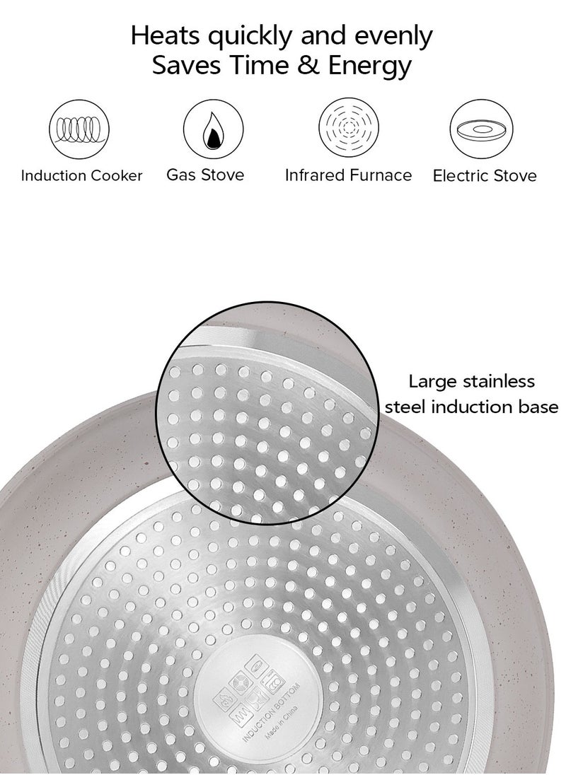 ايست من نون 12 Piece Detachable Granite Cookware Set, Non-Stick, 1x24cm Frypan, 1x28cm Frypan, 1x18cm Saucepan with Tempered Glass Lid, 1x20cm Saucepan with Tempered Glass Lid, 1x26cm Saute Pan with Tempered Glass Lid, 1x18cm Fridge Lid, 1x20cm Fridge Lid, 2 handles - Beige  - Image 4