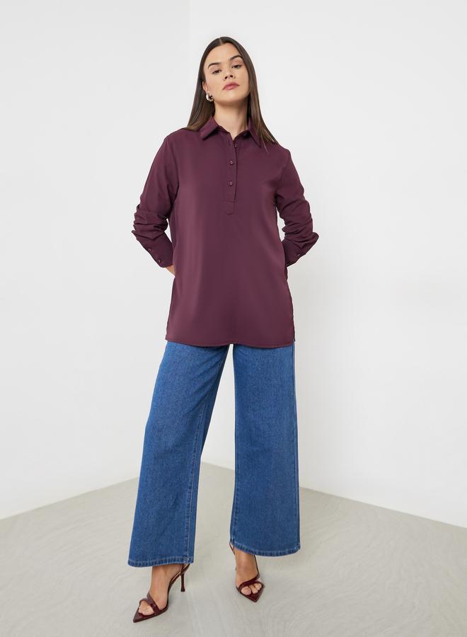 Styli Burgundy Longline Shirt with Half Placket - Image 2