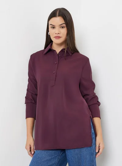 Styli Burgundy Longline Shirt with Half Placket