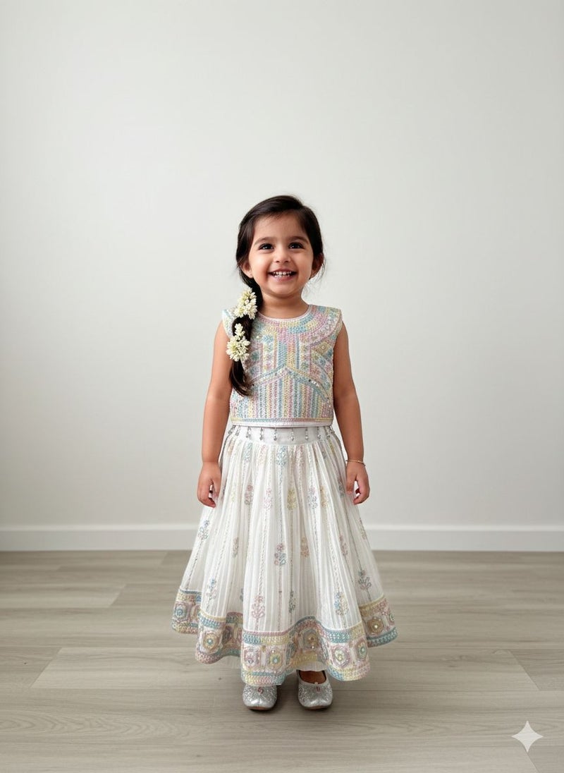 Inaabia Pastel Embellished Kids Lehenga Set (White) - Image 1