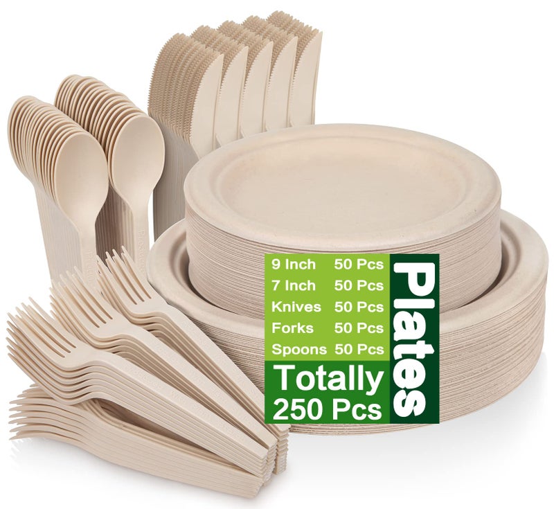 Besteek Unves 250 Piece Compostable Paper Plates Set with Extra Long Utensils, Sugarcane Fibers Disposable Dinnerware Set, Biodegradable Plates, Spoons, Forks and Knives for Party, Camping, Picnic - Image 1
