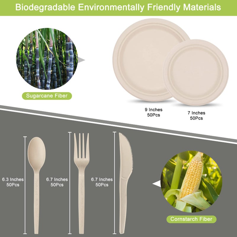 Besteek Unves 250 Piece Compostable Paper Plates Set with Extra Long Utensils, Sugarcane Fibers Disposable Dinnerware Set, Biodegradable Plates, Spoons, Forks and Knives for Party, Camping, Picnic - Image 3