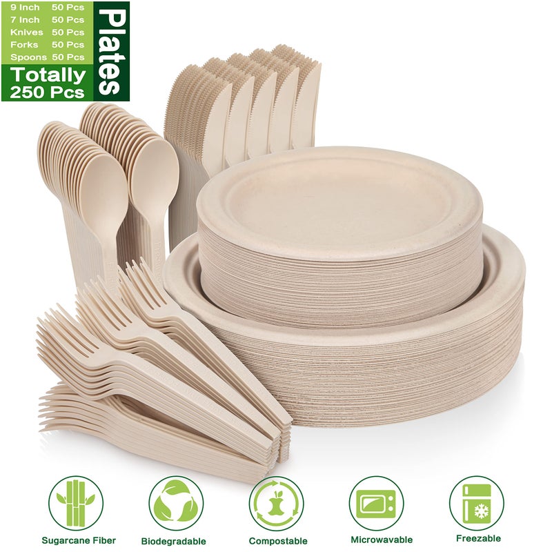 Besteek Unves 250 Piece Compostable Paper Plates Set with Extra Long Utensils, Sugarcane Fibers Disposable Dinnerware Set, Biodegradable Plates, Spoons, Forks and Knives for Party, Camping, Picnic - Image 2